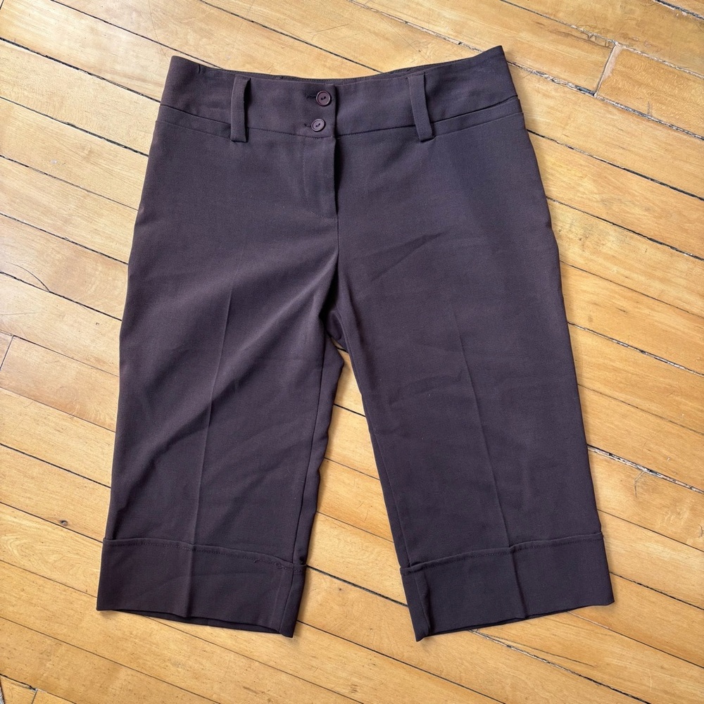 Women's Classic Tailored Chocolate Brown Capri Y2K Shorts - Picture 2 of 7